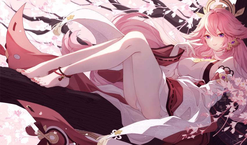 1girl against_tree animal_ears anklet bare_legs bare_shoulders big_hair braid breasts cherry_blossoms commentary dangle_earrings detached_sleeves earrings feet fingernails fox_ears full_body genshin_impact hair_ornament highres in_tree japanese_clothes jewelry large_breasts legs long_hair lying lyra-kotto miko nail_polish panties pantyshot pink_hair priestess red_nails ribbon-trimmed_sleeves ribbon_trim sideboob smile solo toenails toes tree underwear very_long_hair violet_eyes white_panties wide_sleeves wind yae_(genshin_impact)