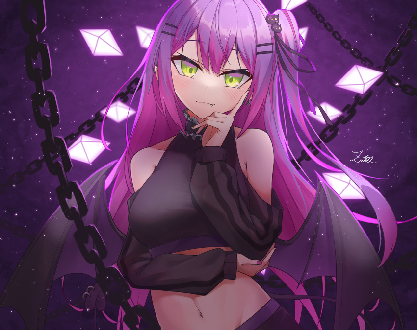 1girl bangs bare_shoulders bibi_(tokoyami_towa) black_shirt blush breasts chain character_hair_ornament closed_mouth clothing_cutout commentary_request crop_top demon_tail demon_wings fang fang_out green_eyes hair_ornament hair_ribbon hairclip highres hololive light_particles long_hair long_sleeves looking_at_viewer medium_breasts navel one_side_up piercing purple_hair revision ribbon shirt shoulder_cutout signature sleeveless sleeveless_shirt solo stomach tail tail_ornament tail_piercing tokoyami_towa upper_body very_long_hair virtual_youtuber wings z.m._(school913102)