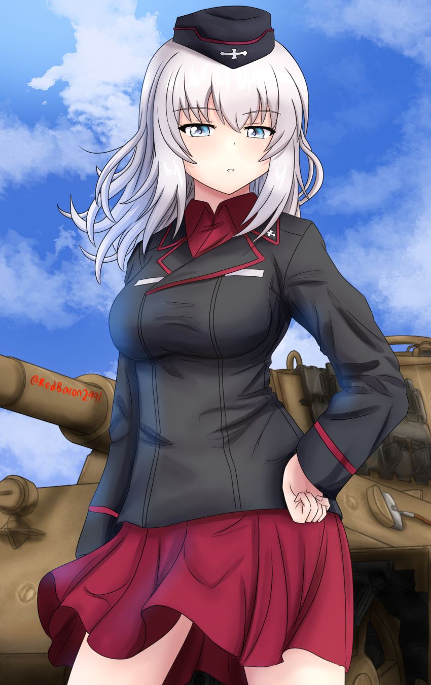 1girl bangs black_headwear black_jacket blue_eyes blue_sky clouds cloudy_sky commentary cowboy_shot day dress_shirt eyebrows_visible_through_hair garrison_cap girls_und_panzer ground_vehicle half-closed_eyes hat highres insignia itsumi_erika jacket kuromorimine_military_uniform long_sleeves looking_at_viewer medium_hair military military_hat military_uniform military_vehicle miniskirt motor_vehicle outdoors parted_lips pleated_skirt red_shirt red_skirt redbaron shirt silver_hair skirt sky solo standing tank tiger_ii twitter_username uniform wing_collar