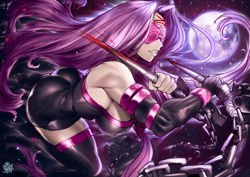 1girl ass black_legwear bodysuit breasts chain elbow_gloves eyepatch fate/grand_order fate/stay_night fate_(series) gloves highres holding holding_weapon incoming_attack large_breasts long_hair medusa_(fate) medusa_(rider)_(fate) moon purple_hair smile solo the_golden_smurf thigh-highs weapon