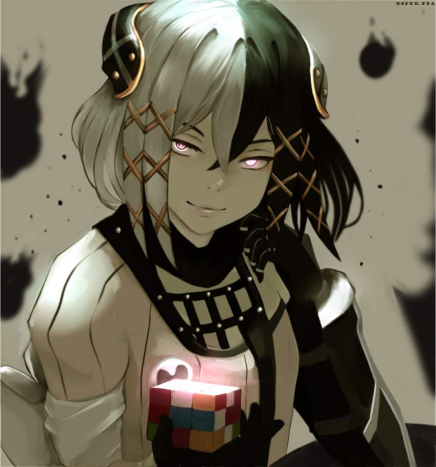 1girl absurdres artist_name bangs black_background black_gloves black_hair breasts brown_background closed_mouth esper-fia_esupa gloves hair_between_eyes hair_ornament heterochromia highres holding looking_at_viewer multicolored_hair overlord_(maruyama) rubik's_cube smile solo sweater two-tone_hair white_eyes white_hair white_sweater x_hair_ornament zesshi_zetsumei