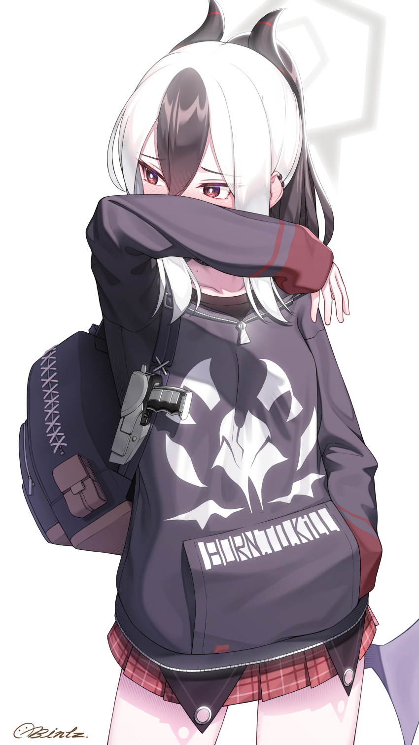 1girl absurdres arm_up artist_logo artist_name backpack bag bintz black_hair black_hoodie blue_archive blush collarbone commentary_request covering_mouth cowboy_shot ear_blush ear_piercing gun halo hand_in_pocket handgun highres holstered_weapon hood hoodie horns kayoko_(blue_archive) long_sleeves looking_away low_wings miniskirt mole mole_on_neck multicolored_hair nose_blush piercing pistol plaid plaid_skirt pleated_skirt ponytail red_eyes red_skirt signature simple_background skirt solo two-tone_hair weapon white_background white_hair wings
