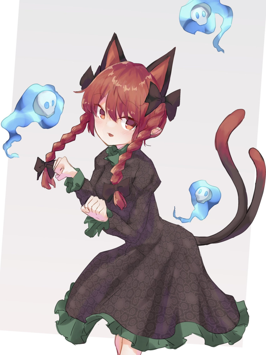 1girl animal_ears bangs black_bow black_dress bow braid cat_ears cat_tail clenched_hands dress extra_ears grey_background hair_bow highres hitodama juliet_sleeves kaenbyou_rin kalmia495 long_sleeves looking_at_viewer medium_hair multiple_bows multiple_tails nekomata open_mouth pointy_ears puffy_sleeves red_eyes redhead standing tail touhou twin_braids two_tails