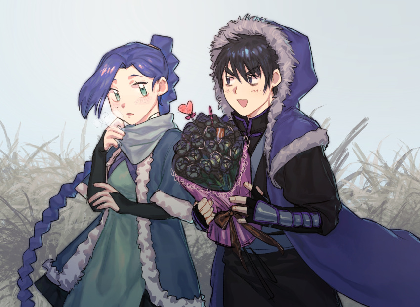 1boy 1girl adjusting_scarf asymmetrical_hair bangs black_eyes black_flower black_gloves black_hair black_pants black_rose black_shirt black_sleeves blue_cloak blue_hair blue_sky blush bouquet braid braided_ponytail breasts breath chinese_commentary cloak commentary_request cowboy_shot day dress english_text eye_contact eyebrows_visible_through_hair fingerless_gloves flower fur-trimmed_hood fur_trim gloves godzillapigeon1 grass green_dress green_eyes grey_scarf hair_tie hand_up hands_up happy heart highres holding holding_bouquet hood hood_up long_hair long_sleeves looking_at_another looking_to_the_side mole mole_under_eye open_cloak open_clothes open_mouth outdoors pants purple_cloak rose scarf scissor_seven seven_(scissor_seven) shiny shiny_hair shirt short_hair single_braid sky small_breasts smile standing thick_eyebrows thirteen_(scissor_seven) tied_hair v-shaped_eyebrows valentine vambraces very_long_hair