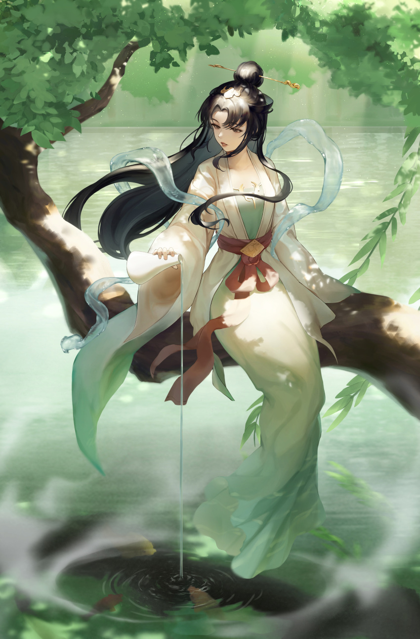 1girl absurdres brown_eyes chinese_clothes dress fingernails hair_bun hair_ornament hair_stick hanfu highres holding in_tree jiliang_jiying_yumao long_dress long_hair long_sleeves original parted_lips pink_nails red_sash sash sitting smile solo spilling tree white_dress wide_sleeves