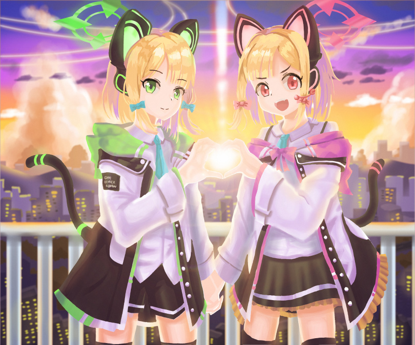 2girls blonde_hair blue_archive blurry blurry_background cat_ear_headphones commentary_request couch green_eyes halo headphones hgame_(pixiv3189279) highres jacket midori_(blue_archive) momoi_(blue_archive) multiple_girls necktie red_eyes school_uniform short_hair siblings twins
