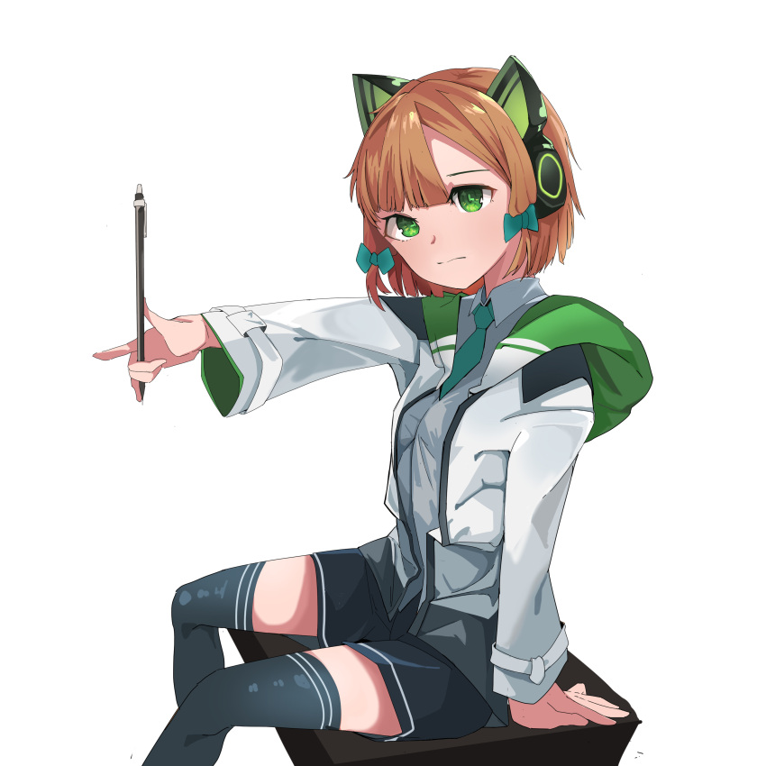 1girl absurdres assault_rifle battle_rifle bespectacled blonde_hair blue_archive cat_ear_headphones commentary glasses green_eyes gun h&amp;k_g3 halo headphones highres jacket looking_at_viewer midori_(blue_archive) necktie playing_games rifle school_uniform simple_background soljjang solo weapon