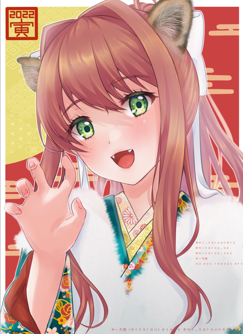 1girl 2022 animal_ears claw_pose doki_doki_literature_club fangs furisode green_eyes hand_up happy_new_year head_tilt highres japanese_clothes kimono mi_tarou0412 monika_(doki_doki_literature_club) new_year paw_pose