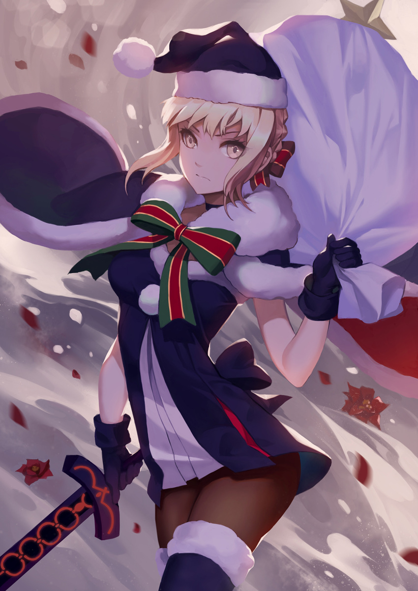 1girl artoria_pendragon_(all) ass bangs black_legwear blonde_hair blue_cloak blue_dress blue_gloves blue_headwear blurry blurry_background breasts brown_eyes christmas christmas_lights christmas_tree cloak commentary_request depth_of_field dress dutch_angle eyebrows_visible_through_hair fate/stay_night fate_(series) fur-trimmed_cloak fur-trimmed_hood fur_trim gloves hair_between_eyes hat highres holding holding_sack hood hood_down hooded_cloak medium_breasts pantyhose saber_alter sack santa_costume santa_hat solo zo_moto_kin