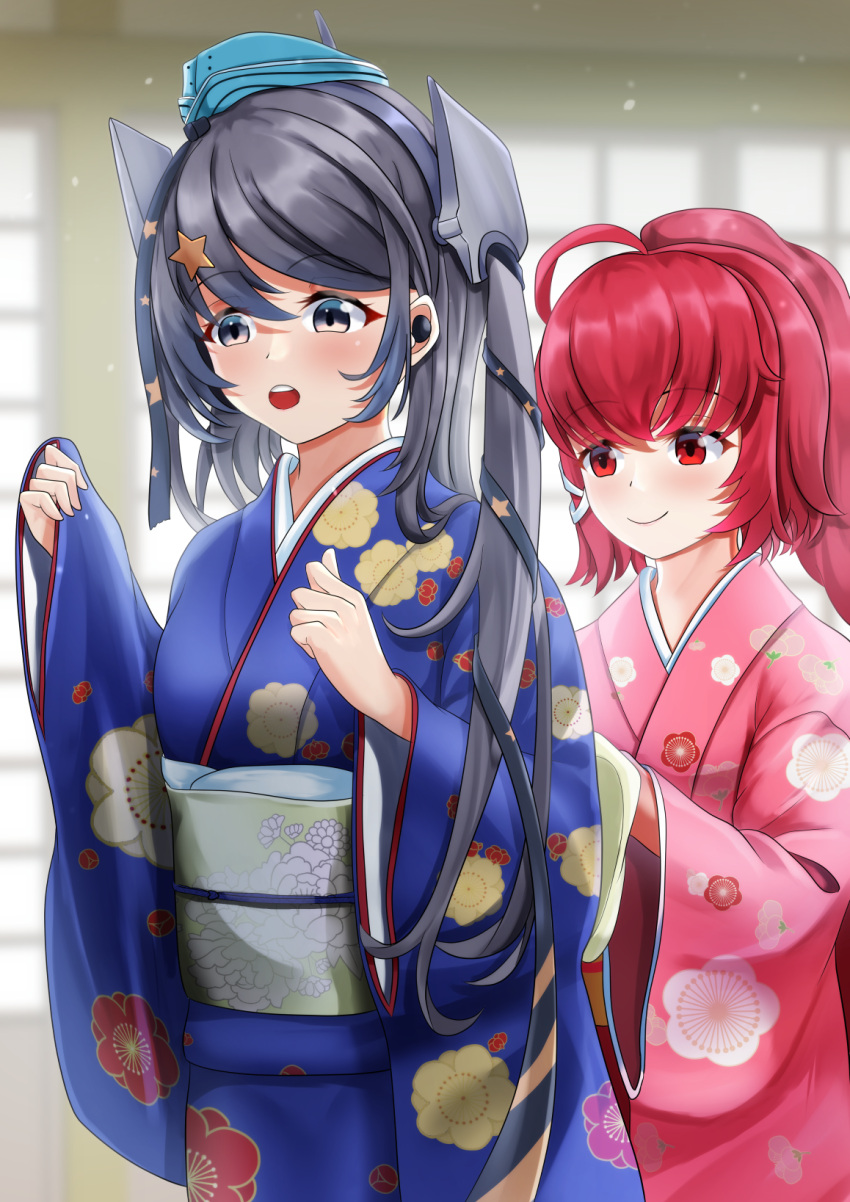 2girls alternate_costume aqua_headwear black_ribbon blue_kimono dorachan_r floral_print garrison_cap grey_eyes grey_hair hair_ornament hair_ribbon hat highres i-168_(kancolle) japanese_clothes kantai_collection kimono long_hair multiple_girls obi ponytail print_kimono red_eyes red_kimono redhead ribbon sash scamp_(kancolle) side_ponytail smile star_(symbol) star_hair_ornament wide_sleeves