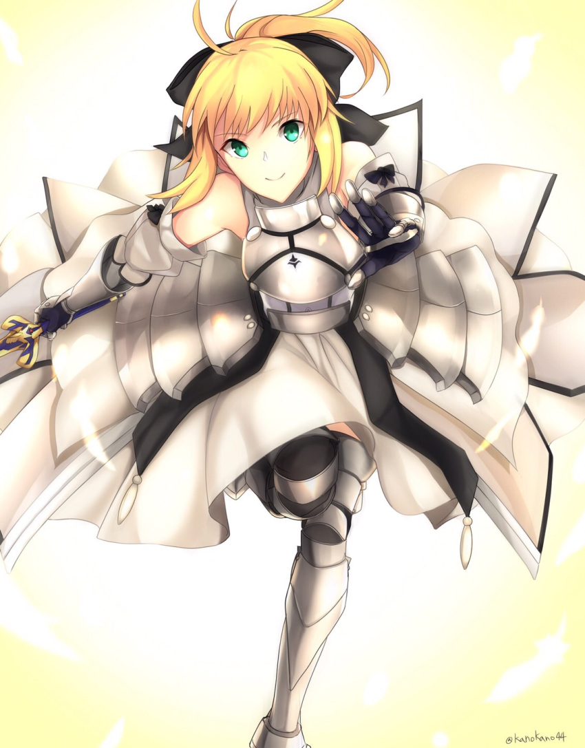 1girl armor armored_dress artoria_pendragon_(all) black_bow blonde_hair blue_sky bow breastplate dress eyebrows_visible_through_hair fate/grand_order fate/unlimited_codes fate_(series) faulds floating_hair gauntlets green_eyes hair_between_eyes hair_bow hands_on_hilt highres kanokano44 long_hair looking_at_viewer outdoors petals ponytail saber_lily signature sleeveless sleeveless_dress smile solo standing white_dress