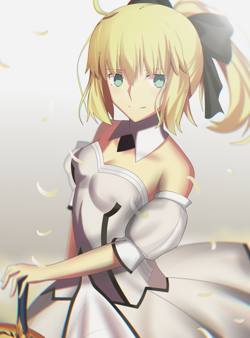 1girl armor armored_dress artoria_pendragon_(all) black_bow blonde_hair blue_sky bow breastplate dress eyebrows_visible_through_hair fate/grand_order fate/unlimited_codes fate_(series) faulds floating_hair gauntlets green_eyes hair_between_eyes hair_bow hands_on_hilt highres long_hair looking_at_viewer outdoors petals ponytail saber_lily signature sleeveless sleeveless_dress smile solo ssssitnon standing white_dress