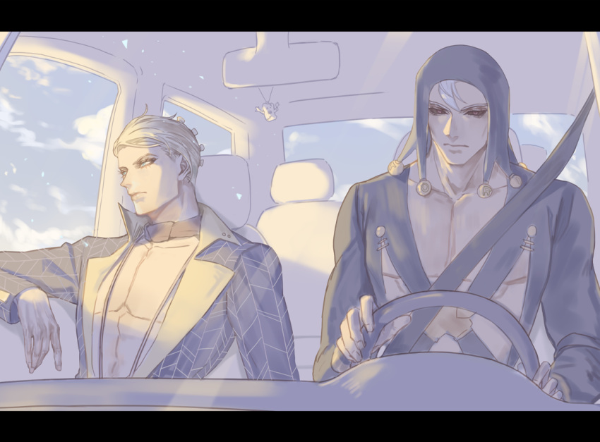 2boys black_sclera blonde_hair car_interior colored_sclera formal hat hat_bobbles jewelry jojo_no_kimyou_na_bouken letterboxed male_focus multiple_boys necklace prosciutto red_eyes risotto_nero steering_wheel suit vento_aureo white_hair yepnean