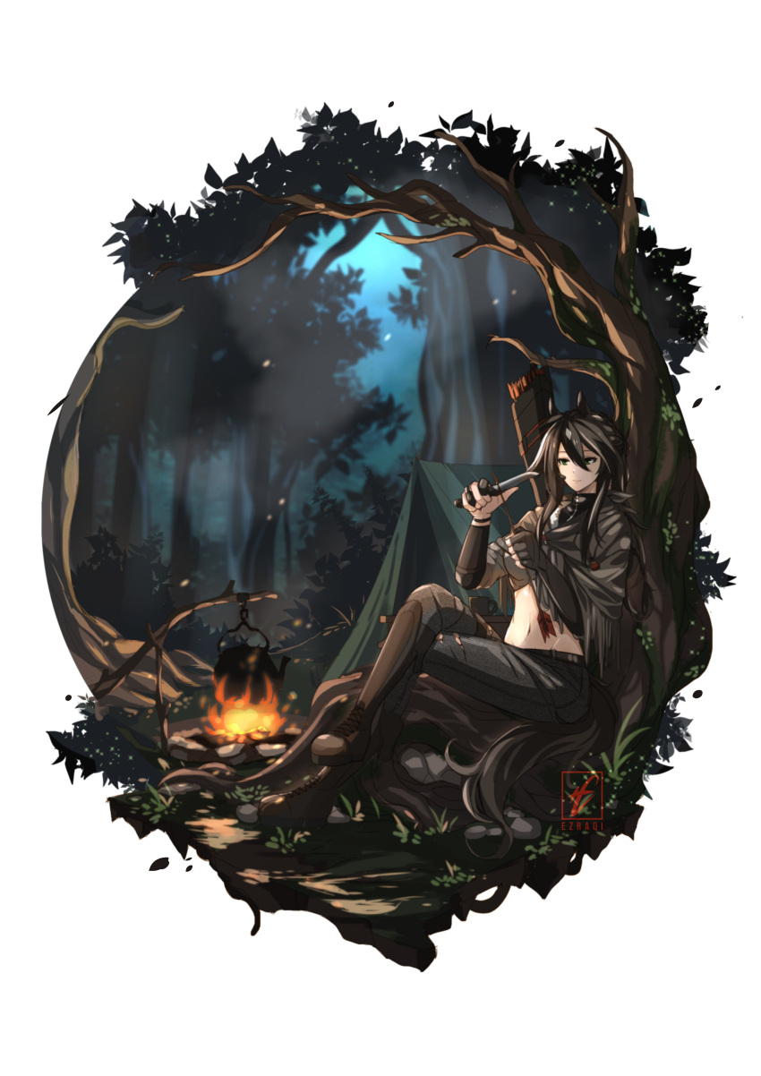 1girl absurdres animal_ears arknights arrow_(projectile) artist_name bangs black_footwear black_gloves black_hair boots campfire cape closed_mouth crop_top crossed_legs english_commentary ezraqi fingerless_gloves forest gloves green_eyes grey_cape hair_between_eyes highres holding holding_arrow long_hair meteor_(arknights) midriff nature quiver sharpening single_glove smile solo tent tree watermark weapon