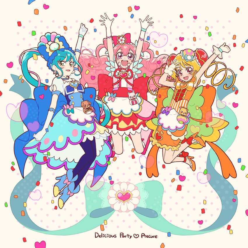 3girls :d ankle_bow announcement_celebration apron arm_up arms_up back_bow blonde_hair blue_bow blue_footwear blue_gloves blue_hair blue_legwear blue_neckerchief bow bowl bun_cover china_dress chinese_clothes choker commentary_request confetti copyright_name cure_precious cure_spicy cure_yum-yum delicious_party_precure double_bun dragon dress eyebrows_visible_through_hair food fox full_body fuwa_kokone gloves green_bow green_eyes hair_bow hair_cones hanamichi_ran happy heart_bow high_heels highres huge_bow jumping kome-kome_(precure) magical_girl men-men_(precure) multicolored_bow multicolored_clothes multicolored_skirt multiple_girls nagomi_yui neckerchief onigiri open_hands open_mouth orange_bow orange_footwear pamu-pamu_(precure) pantyhose pink_bow pink_choker pink_footwear pink_hair polka_dot polka_dot_background ponytail precure puffy_short_sleeves puffy_sleeves purple_bow red_bow red_eyes sandwich short_sleeves side_slit skirt smile striped striped_bow teeth triple_bun upper_teeth violet_eyes white_background white_stripes yufu_kyouko
