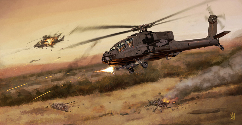2others ah-64_apache aircraft battlefield broken burning cannon commentary_request dated_commentary firing flying ground_vehicle gun helicopter highres looking_to_the_side machine_gun military military_vehicle missile motor_vehicle multiple_others orange_sky outdoors pilot pilot_helmet pilot_suit pvtskwerl real_life rocket_launcher signature sky smoke tank united_states_army vehicle_focus weapon wheel