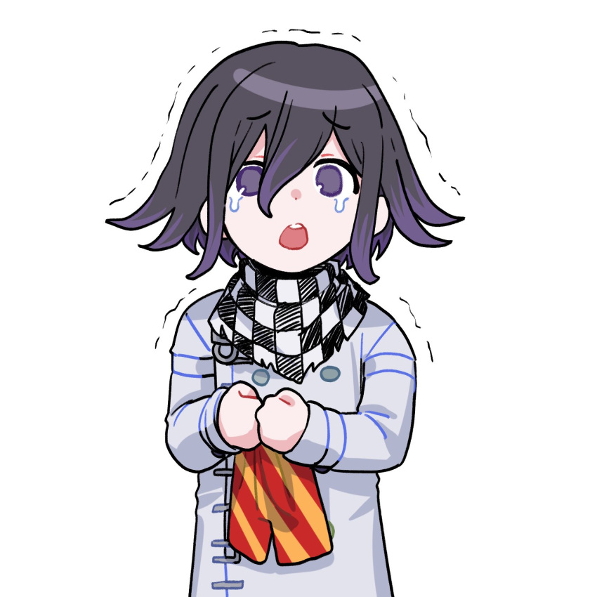 1boy bangs black_hair black_scarf buttons checkered_clothes checkered_scarf chikin_ohayo danganronpa_(series) danganronpa_v3:_killing_harmony double-breasted eyebrows_visible_through_hair grey_background grey_jacket grey_scarf hair_between_eyes highres holding jacket long_sleeves male_focus male_underwear multicolored_hair open_mouth orange_male_underwear ouma_kokichi purple_hair red_male_underwear scarf short_hair simple_background striped_male_underwear tears teeth trembling two-tone_hair underwear upper_body upper_teeth