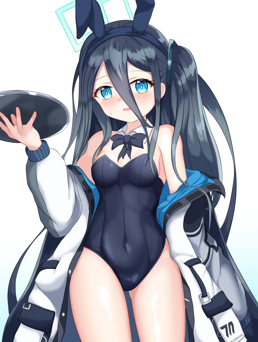 1girl absurdly_long_hair absurdres animal_ears arisu_(blue_archive) black_bow black_bowtie black_leotard blue_archive blue_eyes bow bowtie breasts commentary_request contrapposto cowboy_shot dark_blue_hair detached_collar hair_between_eyes halo highres jacket leotard long_hair one_side_up playboy_bunny rabbit_ears simple_background small_breasts solo strapless strapless_leotard very_long_hair white_background white_jacket yoowaru