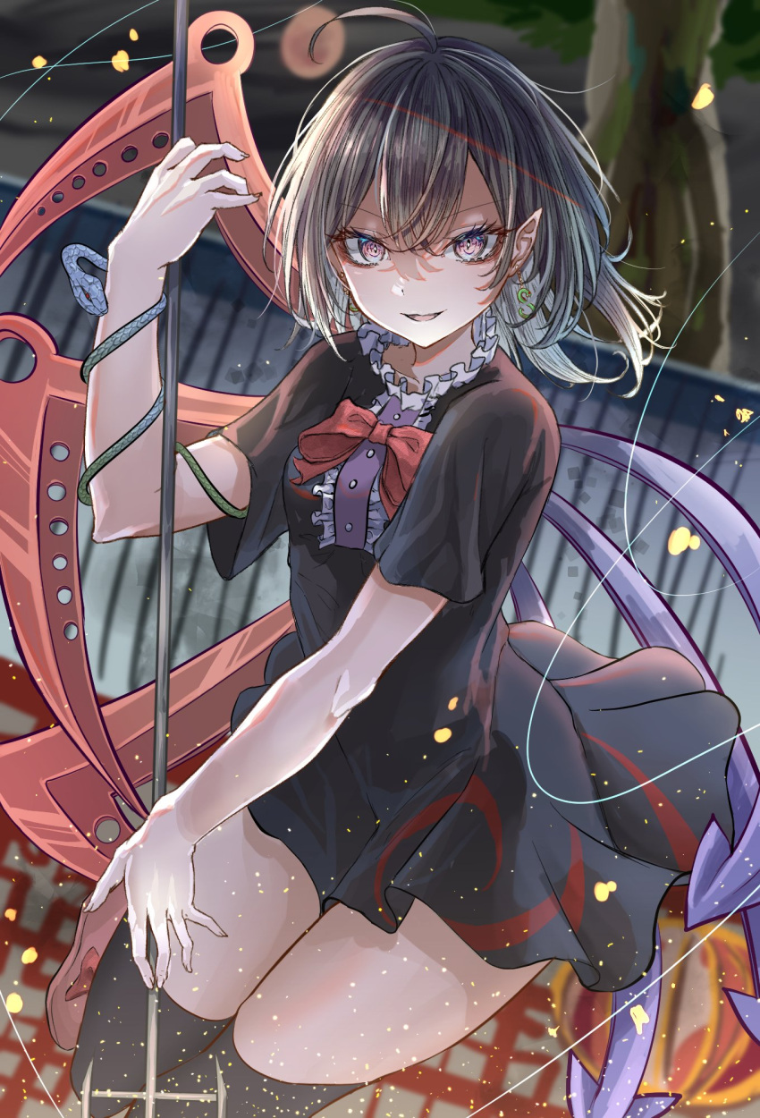 1girl asymmetrical_wings black_dress black_hair black_legwear bow bowtie breasts dress drop_earrings earrings feet_out_of_frame hair_behind_ear hegata_(hegatia_lapis) highres holding holding_polearm holding_weapon houjuu_nue jewelry long_hair looking_at_viewer parted_lips pink_eyes pointy_ears polearm red_bow red_bowtie small_breasts smile snake solo thigh-highs touhou v-shaped_eyebrows weapon wings
