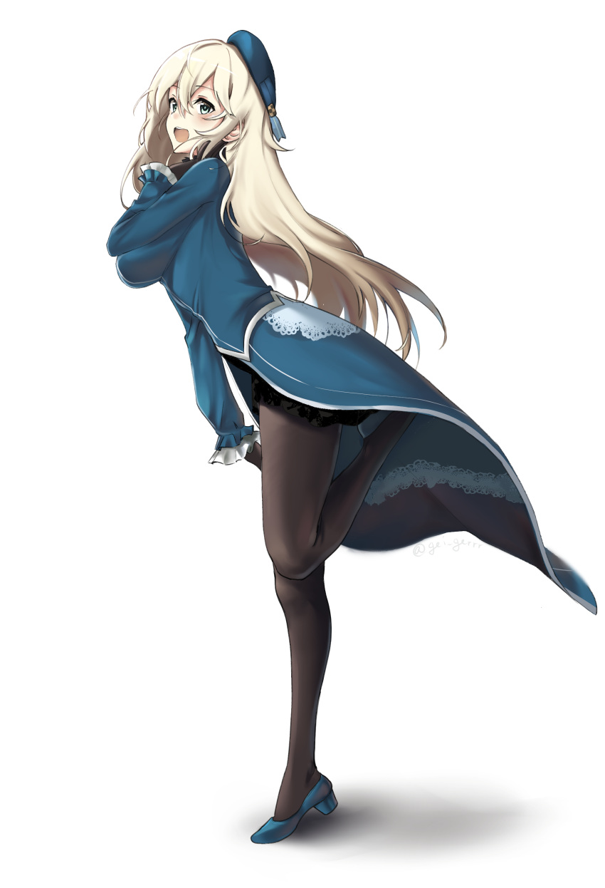 1girl absurdres atago_(kancolle) beret black_gloves black_skirt blonde_hair blue_footwear blue_headwear breasts eyebrows_visible_through_hair frills full_body geiger gloves green_eyes hair_between_eyes hat highres kantai_collection large_breasts long_hair long_sleeves military military_uniform open_mouth pantyhose shadow showgirl_skirt simple_background skirt smile solo standing standing_on_one_leg uniform white_background