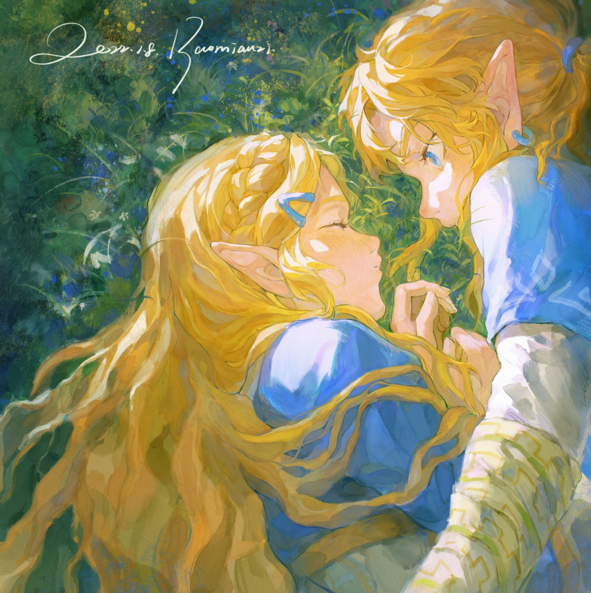 1boy 1girl bangs baomianzi blonde_hair blue_eyes blue_shirt blush braid closed_eyes grass hair_ornament hairclip highres layered_sleeves link long_hair long_sleeves looking_at_another lying medium_hair on_side pointy_ears ponytail princess_zelda shirt short_over_long_sleeves short_sleeves signature the_legend_of_zelda the_legend_of_zelda:_breath_of_the_wild upper_body