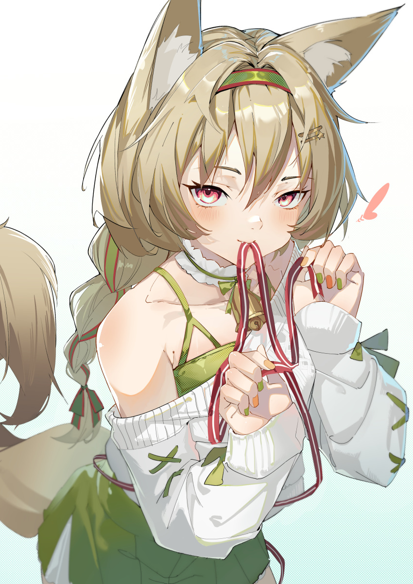 1girl absurdres animal_ear_fluff animal_ears arknights bare_shoulders beanstalk_(arknights) beanstalk_(gift_uncompleted)_(arknights) bell blush braid closed_mouth cowboy_shot dress eyebrows_behind_hair fang fingernails from_above green_dress green_nails green_ribbon hair_ribbon heart highres long_fingernails long_hair long_sleeves looking_at_viewer looking_up luomuzhen nail_polish neck_bell neck_garter off-shoulder_sweater off_shoulder official_alternate_costume orange_nails red_eyes ribbon single_braid sleeves_past_wrists smile solo sweater tail white_sweater