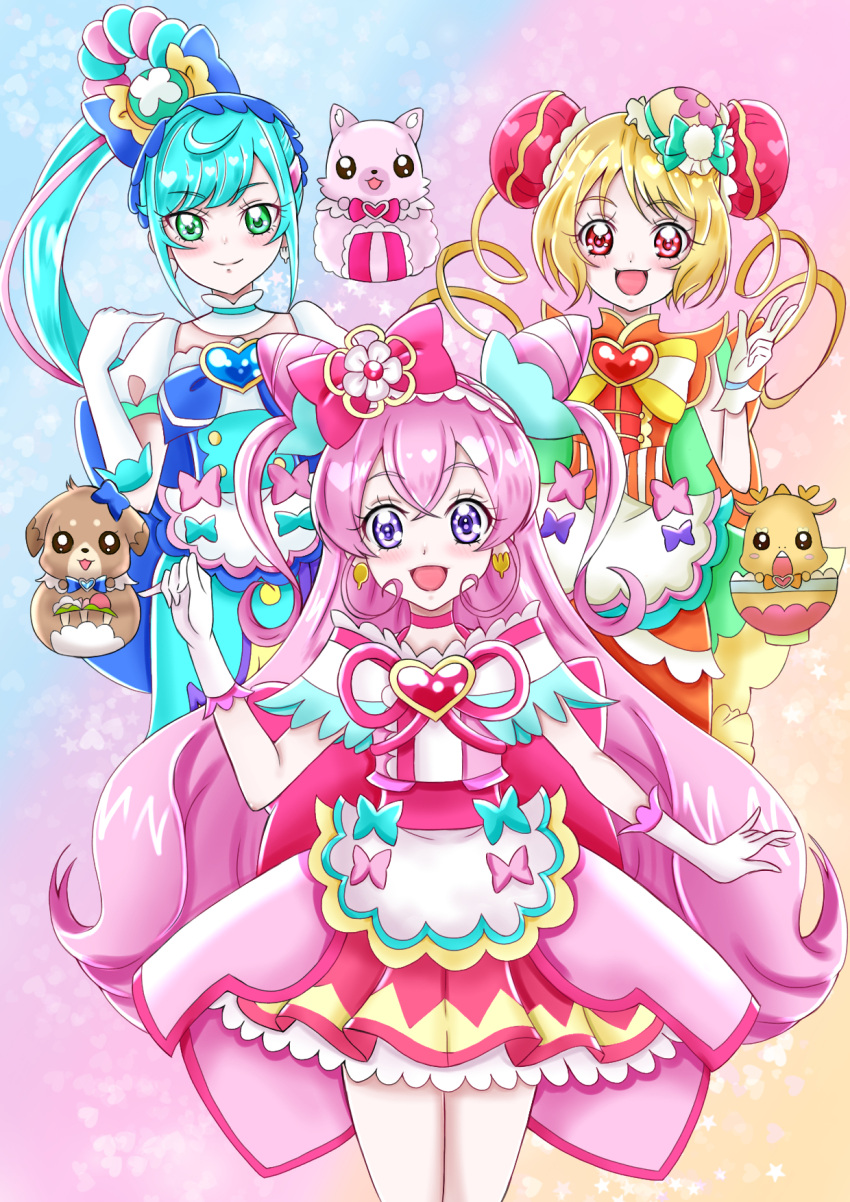 3girls :d ankle_bow apron arm_up back_bow blonde_hair blue_bow blue_eyes blue_gloves blue_hair boots bow brooch bun_cover choker closed_mouth confetti cure_precious cure_spicy cure_yum-yum delicious_party_precure double_bun drill_hair flower fuwa_kokone gloves grey_hair hair_bow hair_cones hair_flower hair_ornament hair_rings hanamichi_ran hand_on_hip hat highres holding holding_wand huge_bow jewelry key_visual knee_boots kneehighs kome-kome_(precure) legs_apart long_hair looking_at_viewer magical_girl men-men_(precure) moricuremori multicolored_clothes multicolored_skirt multiple_girls nagomi_yui open_mouth outstretched_hand pamu-pamu_(precure) pink_bow pink_choker pink_hair precure purple_bow purple_eyes red_eyes red_legwear ribbon shiny shiny_hair skirt smile standing striped twin_drills vertical_stripes wand white_apron white_footwear white_gloves