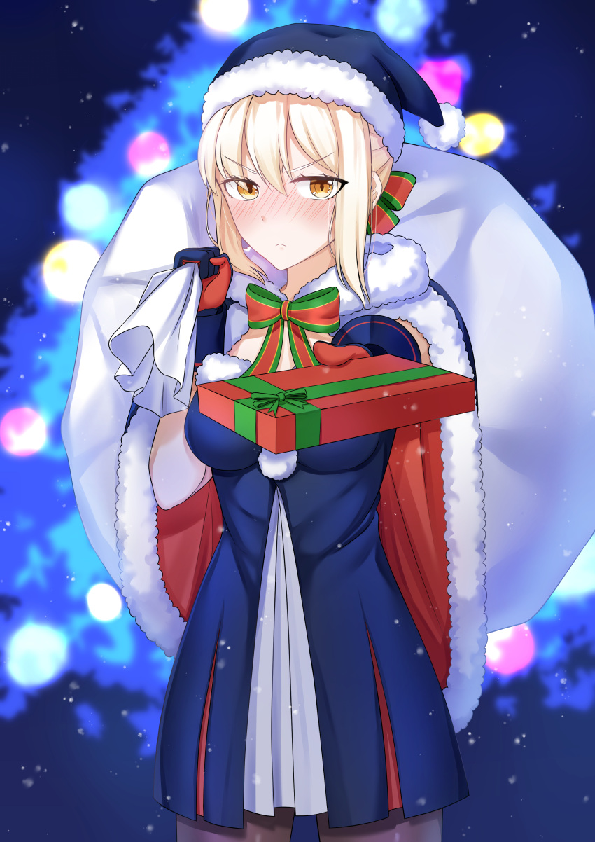 1girl artoria_pendragon_(all) ass bangs black_legwear blonde_hair blue_cloak blue_dress blue_gloves blue_headwear blurry blurry_background breasts brown_eyes christmas christmas_lights christmas_tree cloak commentary_request depth_of_field dress dutch_angle eyebrows_visible_through_hair fate/stay_night fate_(series) fur-trimmed_cloak fur-trimmed_hood fur_trim gloves hair_between_eyes hat highres holding holding_sack hood hood_down hooded_cloak medium_breasts moru79993230 pantyhose saber_alter sack santa_costume santa_hat solo