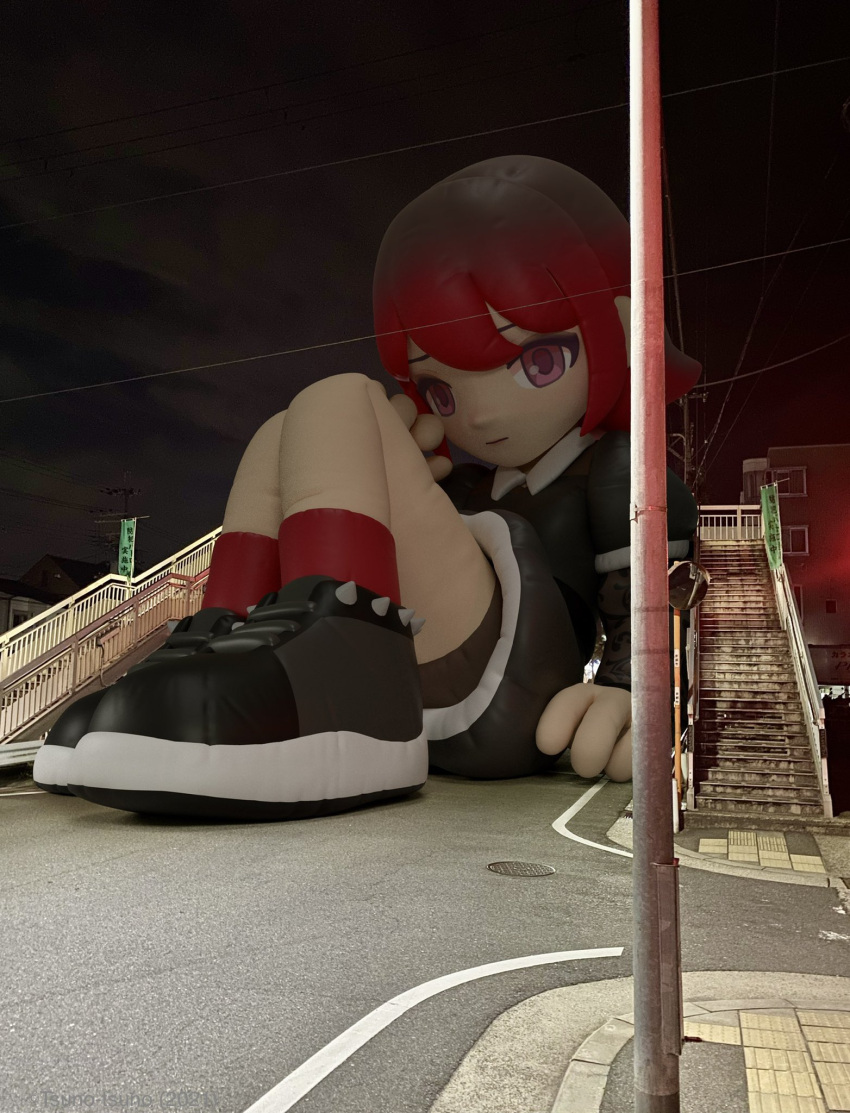 1girl copyright_request gradient_hair highres inflatable_toy knees_up lamppost light multicolored_hair night night_sky oversized_object photo_background photorealistic pink_eyes redhead road shoes short_hair sitting sky solo stairs street ve9etable0831