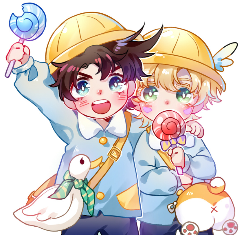 2boys ascot bag battle_tendency bird blonde_hair blue_shirt blush bow caesar_anthonio_zeppeli candy child dog duck facial_mark food green_eyes hat jojo_no_kimyou_na_bouken joseph_joestar joseph_joestar_(young) kindergarten_bag kindergarten_uniform lollipop male_focus multiple_boys school_hat shiba_inu shirt sky_kiki wing_hair_ornament yellow_headwear younger