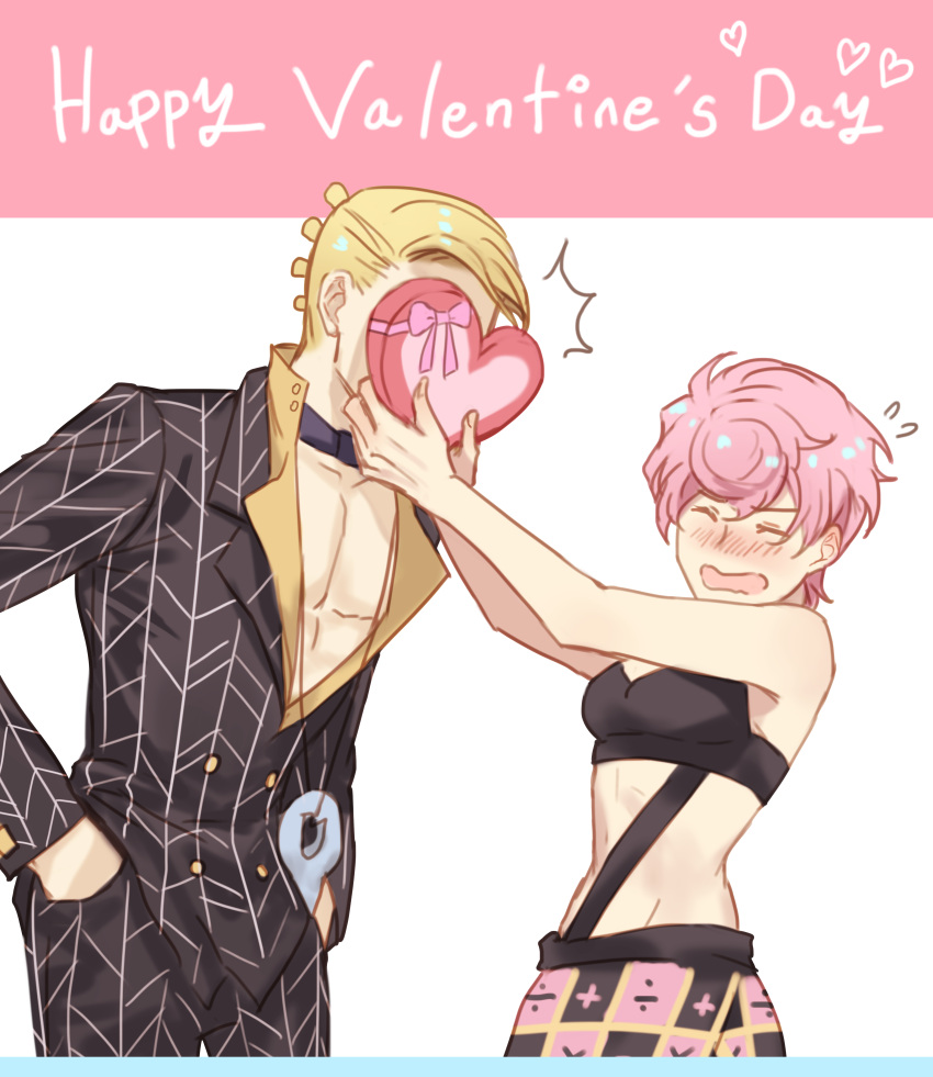 1boy 1girl ^^^ absurdres blonde_hair blush candy chocolate covering_face food formal gift heart heart-shaped_chocolate hetero highres holding holding_gift jewelry jojo_no_kimyou_na_bouken midriff necklace pink_hair prosciutto short_hair skirt suit trish_una valentine vento_aureo yepnean