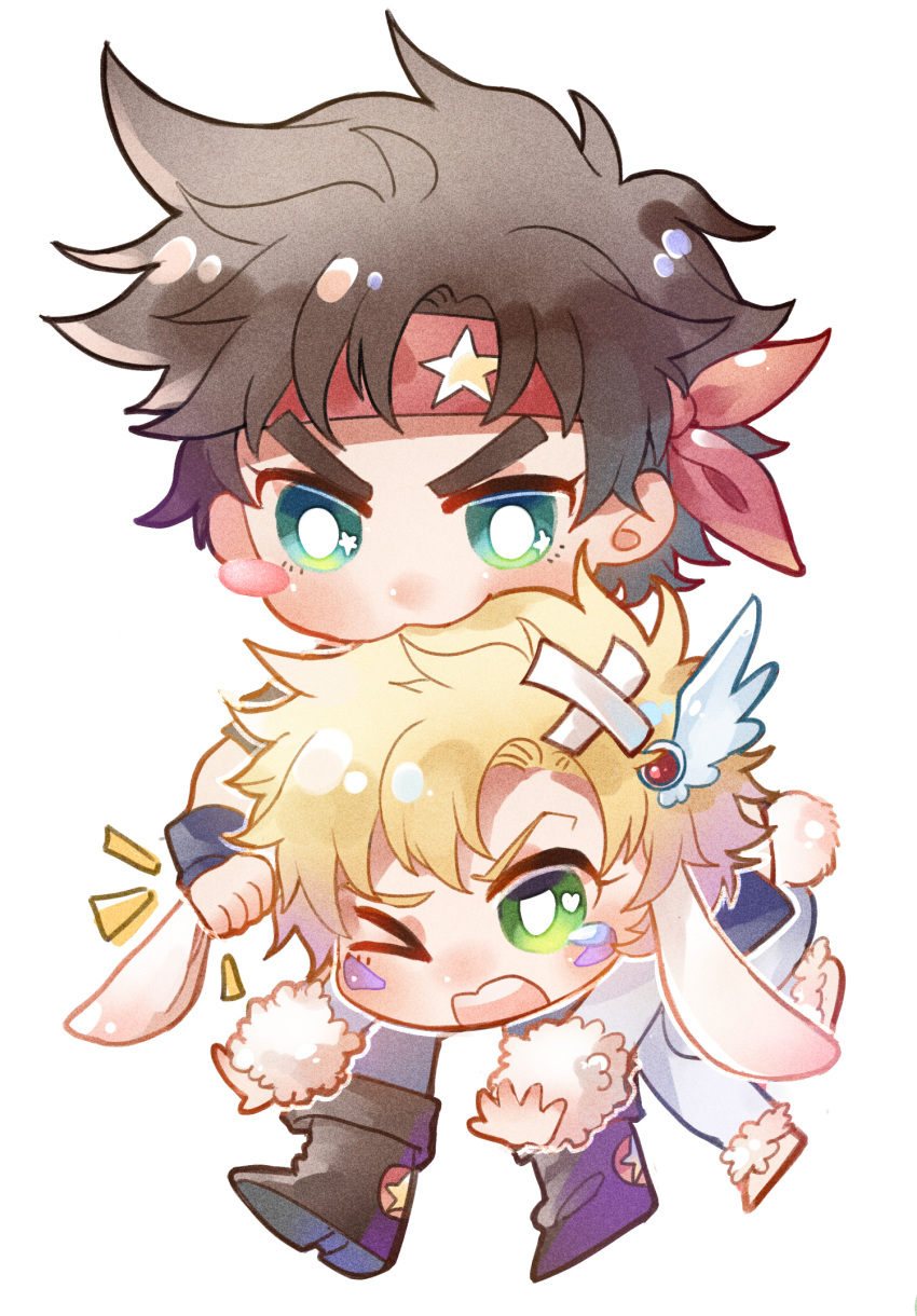 2boys :3 animal_costume animal_ears bandaged_head bandages bandana battle_tendency biting boots bunny_costume caesar_anthonio_zeppeli chibi facial_mark headband highres jojo_no_kimyou_na_bouken joseph_joestar joseph_joestar_(young) multiple_boys rabbit_ears rabbit_tail sky_kiki tail tears wince wing_hair_ornament wristband