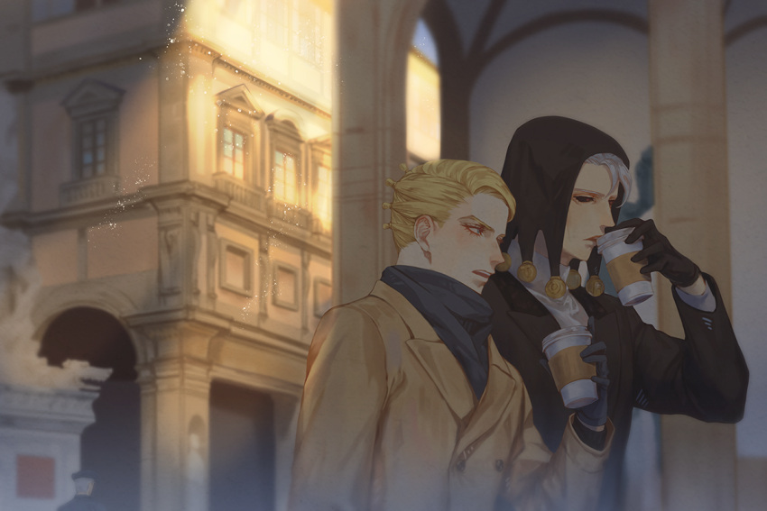 2boys black_gloves black_scarf black_sclera blonde_hair coat coffee colored_sclera gloves grey_hair hat hat_bobbles jojo_no_kimyou_na_bouken male_focus multiple_boys prosciutto red_eyes risotto_nero scarf steam winter_clothes winter_coat yepnean