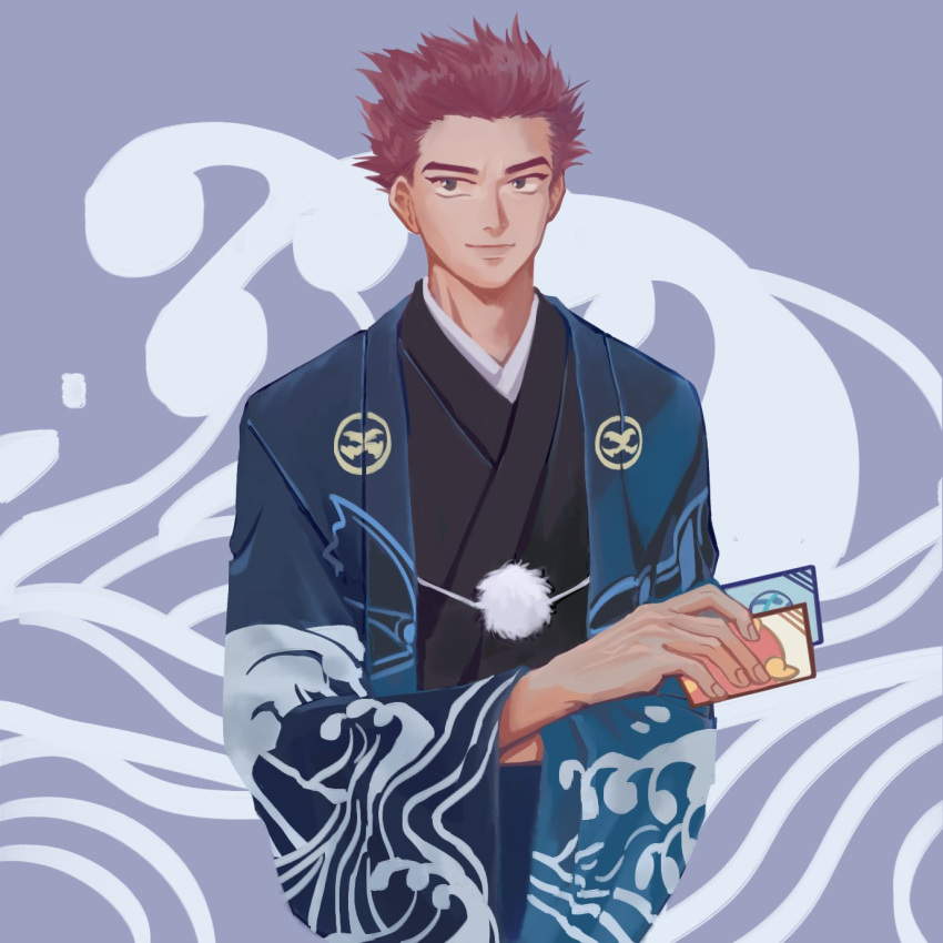 1boy black_kimono blue_jacket closed_mouth commentary_request eiz_pm fingernails grey_background grey_eyes highres holding jacket japanese_clothes kimono lance_(pokemon) male_focus new_year official_alternate_costume open_clothes open_jacket pokemon pokemon_(game) pokemon_masters_ex redhead short_hair sideways_glance smile solo spiky_hair wave_print