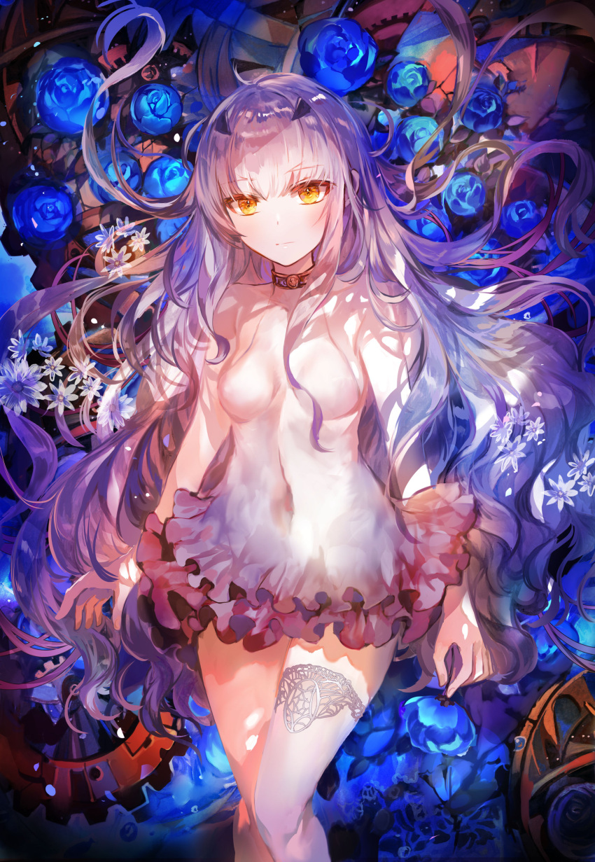 1girl absurdres bangs bare_shoulders blush breasts brown_eyes collar collarbone covered_navel dress fairy_knight_lancelot_(fate) fate/grand_order fate_(series) flower highres long_hair looking_at_viewer rioka_(southern_blue_sky) short_dress sidelocks single_thighhigh small_breasts solo thigh-highs thighs white_dress white_hair white_legwear