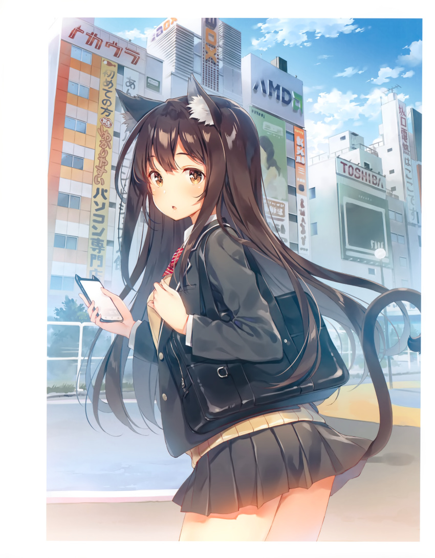 1girl absurdres animal_ears bag bangs blazer blue_sky blush brown_eyes brown_hair building buttons cat_ears cat_girl cat_tail cellphone clouds cloudy_sky day highres holding jacket logo long_hair long_sleeves looking_at_viewer open_mouth original outdoors phone pleated_skirt scan school_bag school_uniform shiny shiny_hair shiny_skin skirt sky solo tail yuuki_hagure