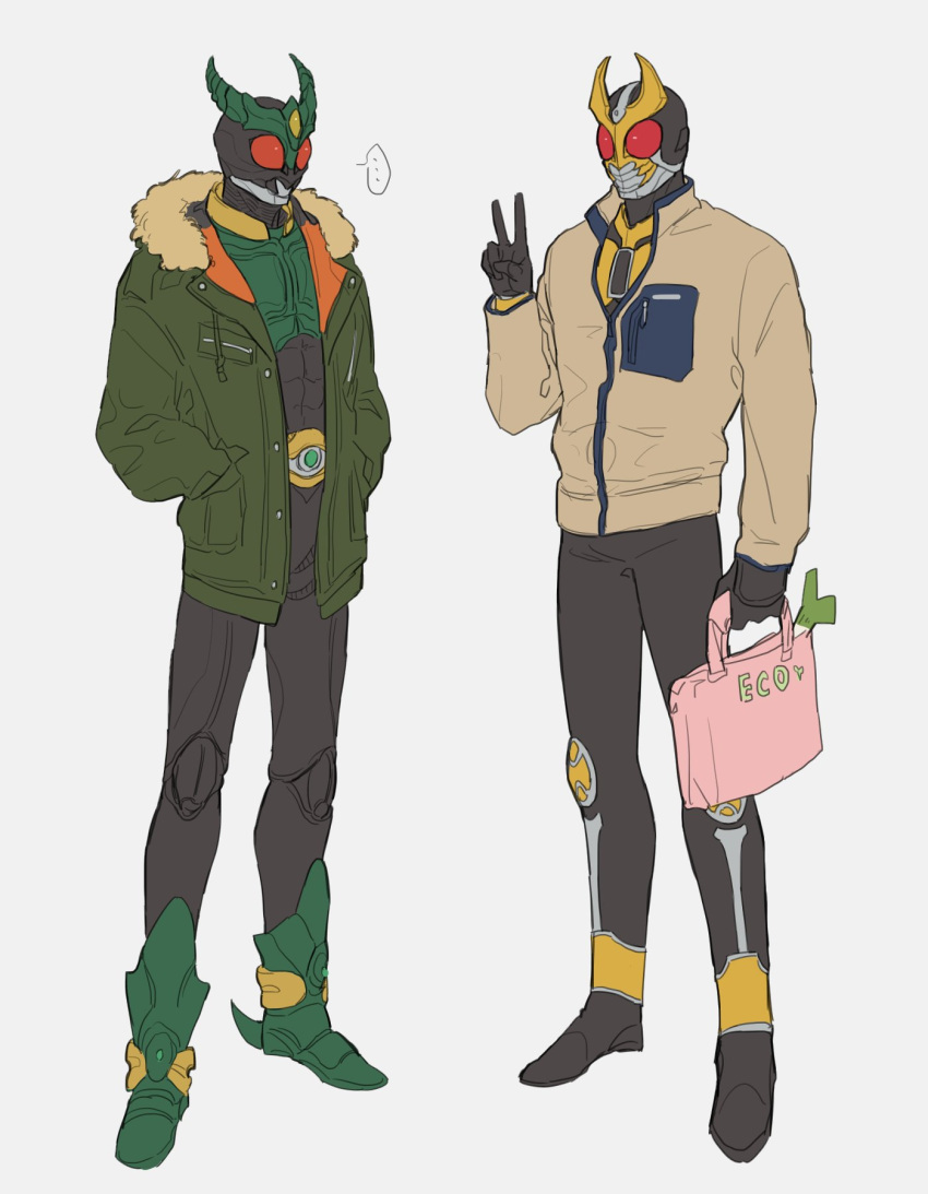 ... 2boys armor bag bbbb_fex beige_jacket black_armor black_bodysuit black_pants bodysuit fur_trim gold_horns green_horns green_jacket groceries grocery_bag hands_in_pockets highres jacket kamen_rider kamen_rider_agito kamen_rider_agito_(series) kamen_rider_gills male_focus multiple_boys pants pink_bag red_eyes shopping_bag speech_bubble stag_beetle v