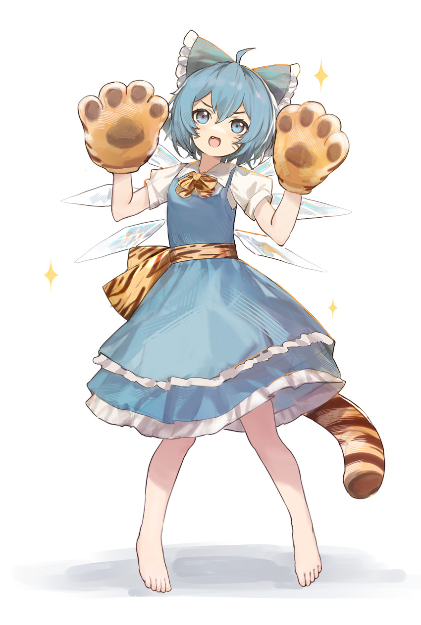 1girl ahoge animal_hands animal_print barefoot blue_bow blue_dress blue_eyes blue_hair blush bow cirno collared_shirt detached_wings dress fairy fang full_body gloves hair_between_eyes hair_bow highres ice ice_wings open_mouth paw_gloves puffy_short_sleeves puffy_sleeves shirt short_hair short_sleeves simple_background siyumu solo sparkle tail tiger_paws tiger_print tiger_tail touhou white_background white_shirt wings