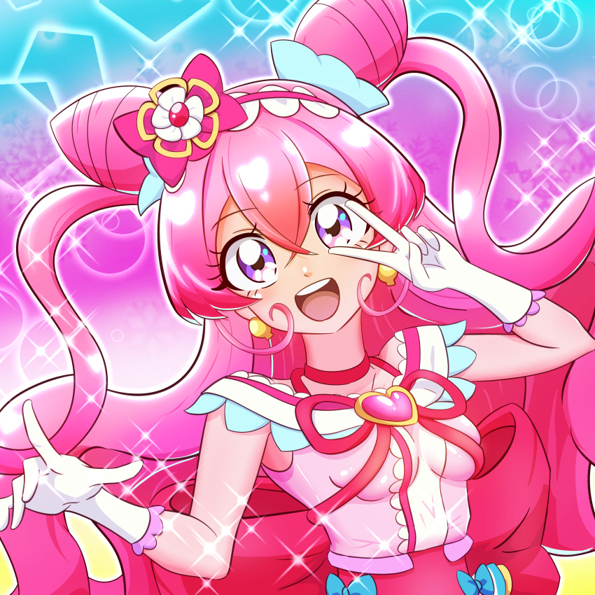 1girl :d blush choker commentary_request cure_precious delicious_party_precure earrings eyelashes hair_ornament hair_ribbon happy highres jewelry long_hair magical_girl nagomi_yui open_mouth pink_choker pink_hair pink_theme precure purple_eyes ribbon sansansuzumura simple_background sketch smile solo