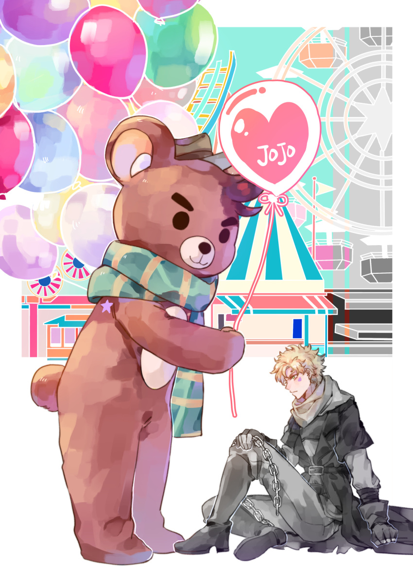 &gt;:) 2boys amusement_park animal_costume balloon battle_tendency bear_costume blonde_hair brown_hair caesar_anthonio_zeppeli chain facial_mark green_eyes green_scarf highres jojo_no_kimyou_na_bouken male_focus multiple_boys partially_colored scarf sitting sky_kiki striped striped_scarf teenage thick_eyebrows v-shaped_eyebrows younger