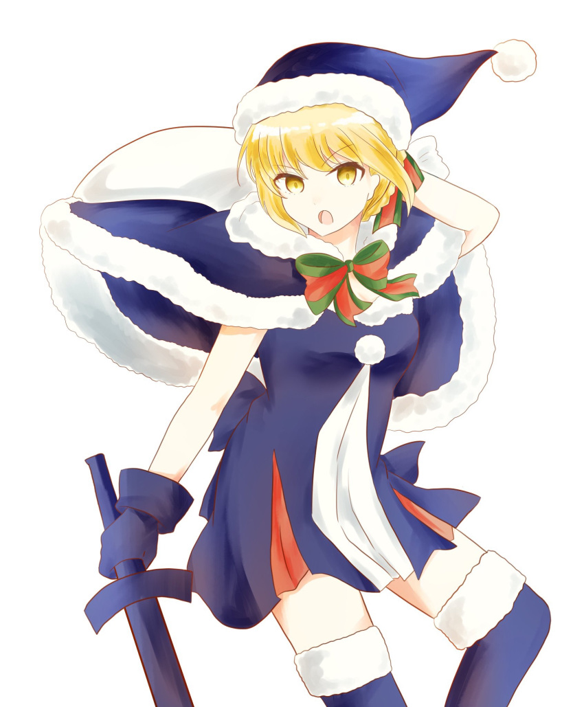 1girl artoria_pendragon_(all) ass bangs black_legwear blonde_hair blue_cloak blue_dress blue_gloves blue_headwear blurry blurry_background breasts brown_eyes christmas christmas_lights christmas_tree cloak commentary_request depth_of_field dress dutch_angle eyebrows_visible_through_hair fate/stay_night fate_(series) fur-trimmed_cloak fur-trimmed_hood fur_trim gloves hair_between_eyes hat highres holding holding_sack hood hood_down hooded_cloak medium_breasts mofen pantyhose saber_alter sack santa_costume santa_hat solo