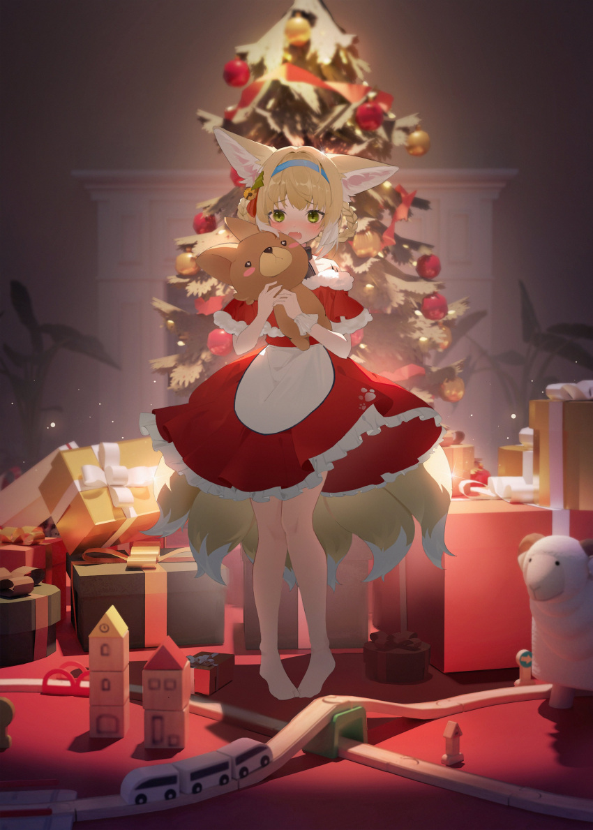 1girl absurdres animal_ears apron arknights bangs barefoot bell blonde_hair blush box braid capelet chongsangjun christmas christmas_ornaments christmas_tree christmas_tree_hair_ornament commentary dress eyebrows_visible_through_hair fang fox_ears fox_girl fox_tail frilled_dress frills fur-trimmed_capelet fur_trim gift gift_box green_eyes hair_bell hair_ornament hair_rings highres indoors jingle_bell kitsune looking_at_viewer multicolored_hair object_hug open_mouth pigeon-toed red_capelet red_dress santa_costume single_wrist_cuff solo standing stuffed_animal stuffed_toy suzuran_(arknights) tail twin_braids two-tone_hair waist_apron white_apron white_hair wrist_cuffs