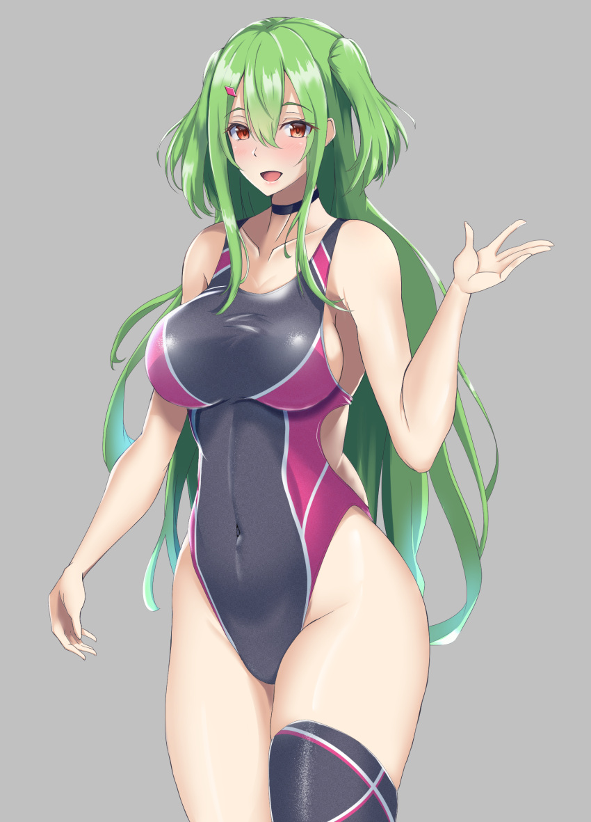1girl absurdres black_legwear black_swimsuit breasts choker commission competition_swimsuit core1013 covered_navel cowboy_shot green_hair grey_background highleg highleg_swimsuit highres large_breasts looking_at_viewer multicolored_clothes multicolored_swimsuit one-piece_swimsuit original red_eyes simple_background single_thighhigh solo standing swimsuit thigh-highs two_side_up