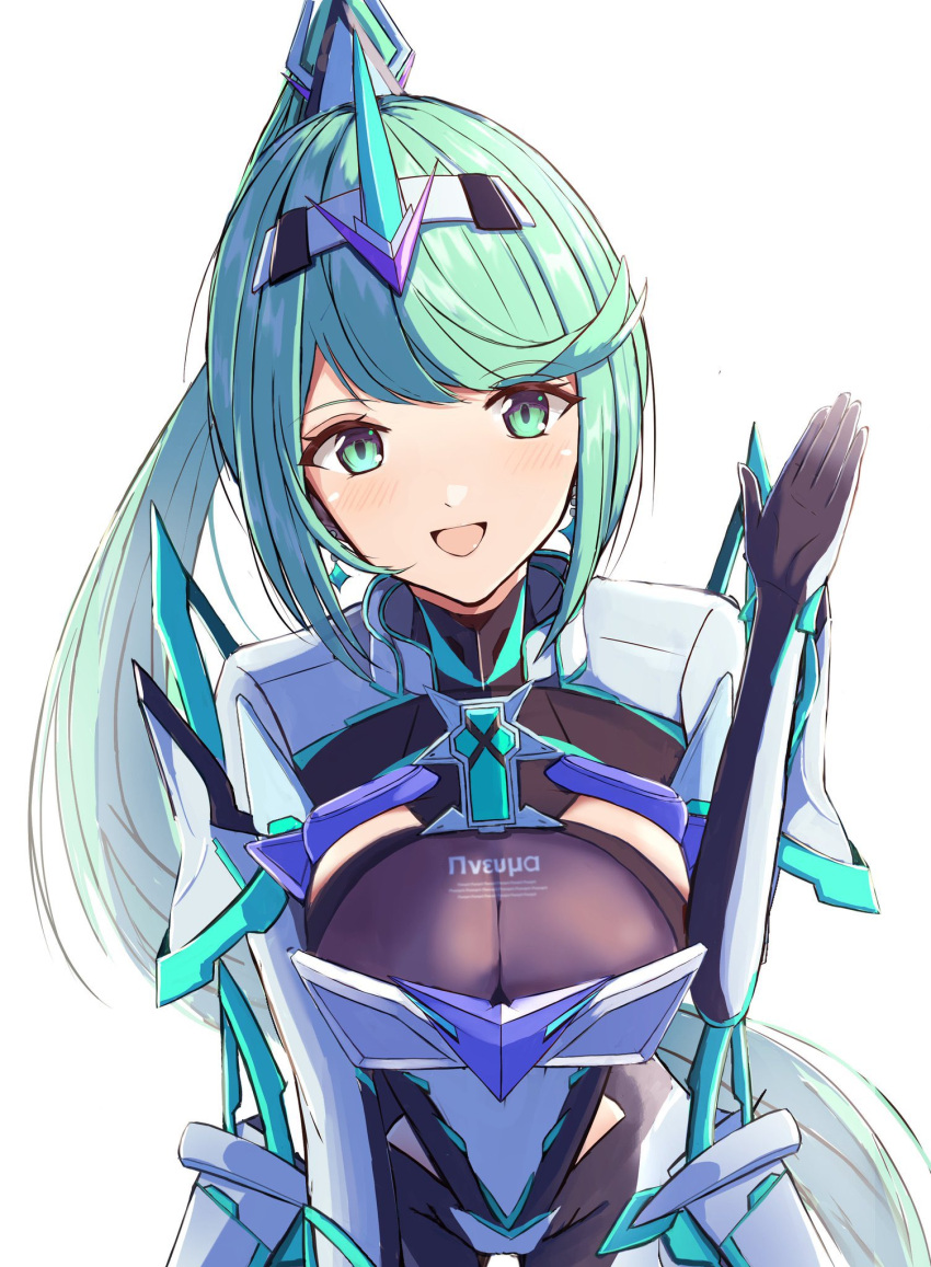 1girl bangs breasts chest_jewel earrings gem gloves greek_text green_eyes green_hair headpiece highres jewelry karuushi large_breasts long_hair pneuma_(xenoblade) ponytail simple_background solo swept_bangs tiara very_long_hair white_background xenoblade_chronicles_(series) xenoblade_chronicles_2