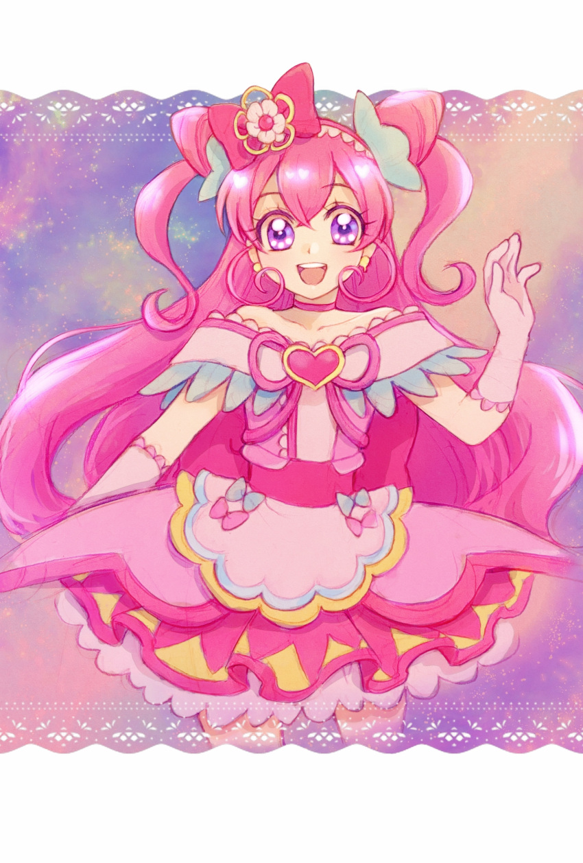 1girl :d aizen_(pixiv10336702) blush choker commentary_request cure_precious delicious_party_precure earrings eyelashes hair_ornament hair_ribbon happy highres jewelry long_hair magical_girl nagomi_yui open_mouth pink_choker pink_hair pink_theme precure purple_eyes ribbon simple_background sketch smile solo