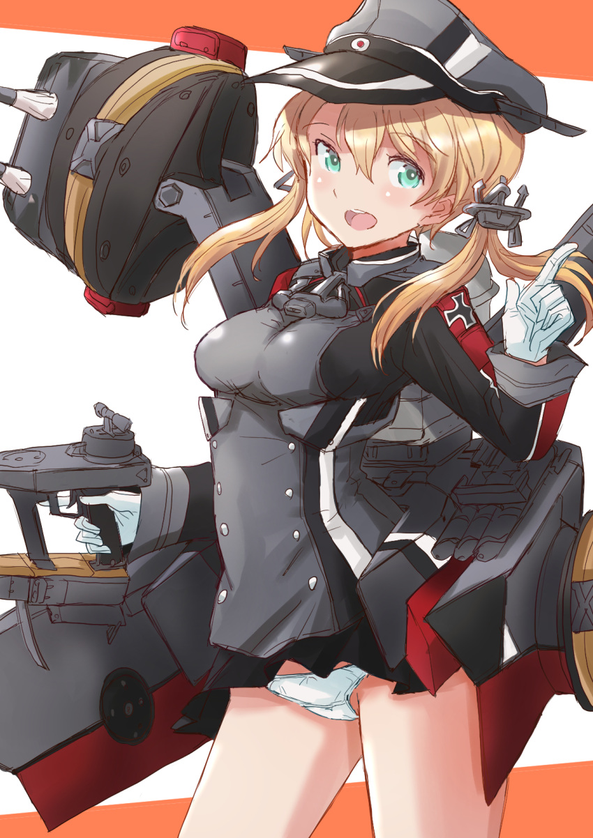 1girl aqua_eyes black_skirt blonde_hair blush cowboy_shot eyebrows_visible_through_hair fuji_(pixiv24804665) gloves grey_headwear hair_between_eyes hat highres kantai_collection long_hair long_sleeves low_twintails machinery military military_hat military_uniform miniskirt open_mouth panties peaked_cap pleated_skirt prinz_eugen_(kancolle) rigging round_teeth skirt solo teeth turret twintails underwear uniform upper_teeth white_gloves white_panties