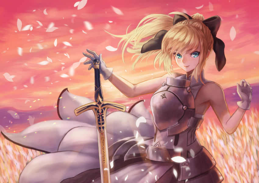 1girl armor armored_dress artoria_pendragon_(all) black_bow blonde_hair blue_sky bow breastplate dress eyebrows_visible_through_hair fate/grand_order fate/unlimited_codes fate_(series) faulds floating_hair gauntlets green_eyes hair_between_eyes hair_bow hands_on_hilt highres long_hair looking_at_viewer outdoors petals ponytail saber_lily signature sleeveless sleeveless_dress smile solo standing takaasyyyyyyy white_dress
