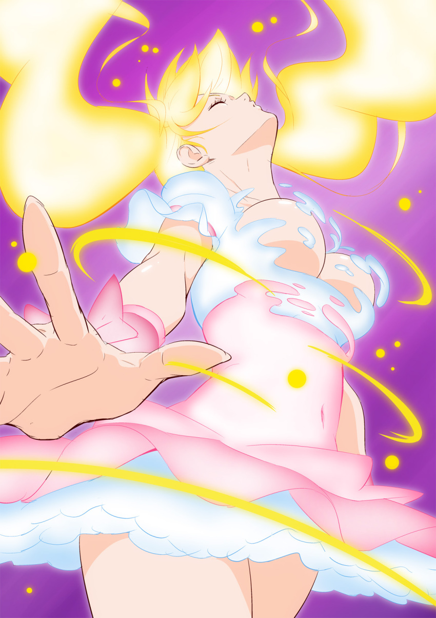 1girl blonde_hair breasts closed_eyes cure_peach fresh_precure! fuchi_(nightmare) glowing glowing_hair highres large_breasts long_hair magical_girl momozono_love navel precure solo stomach transformation twintails