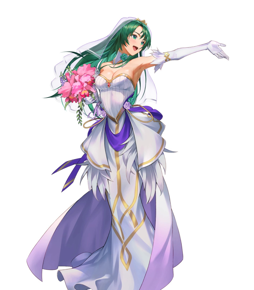 1girl bridal_veil cecilia_(fire_emblem) dress fire_emblem fire_emblem:_the_binding_blade fire_emblem_heroes full_body gold_trim green_eyes green_hair hair_ornament highres kainown long_hair non-web_source official_art strapless strapless_dress transparent_background veil wedding_dress white_dress