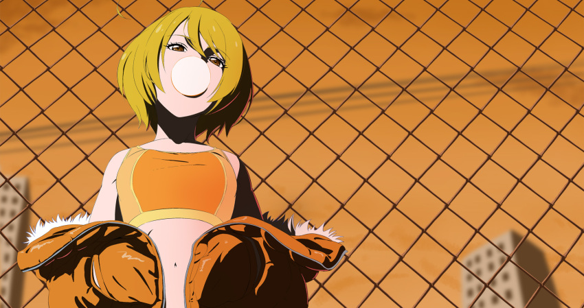 1girl blonde_hair bubble_blowing building chain-link_fence chewing_gum city fence fuchi_(nightmare) highres hugtto!_precure jacket kagayaki_homare midriff navel off_shoulder open_clothes open_jacket precure short_hair solo sports_bra upper_body yellow_eyes yellow_jacket yellow_sports_bra